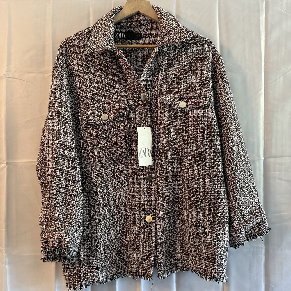 Zara Blazer Womens M Red Black White Plaid Woven Textured Jacket Fringe New Tags